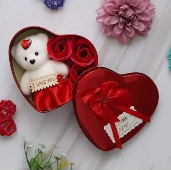 Heart Shaped Valentines Day Gift Box with I Love You Message Teddy Bear 3 Red Roses