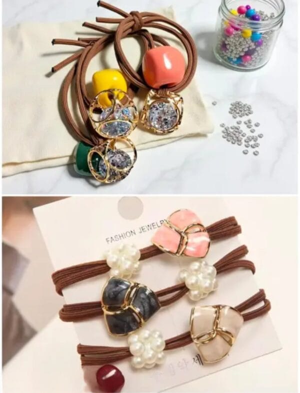 (6 Pcs) Multicolor Korean Rhinestone Hollow Out Square Rubber Band & Imitation Pearl