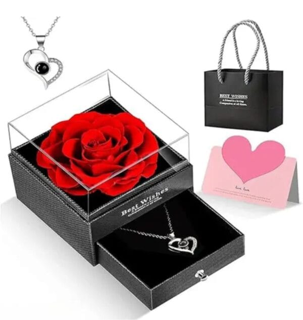 Red Rose with Golden Heart Necklace in GiftBox