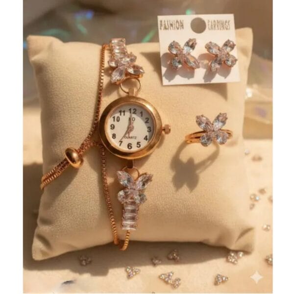 Beautiful Bracelet watch for girls & women with earing and fingerr ring- Rose Gold